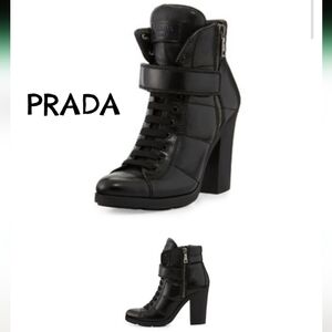 Prada Women's Black Heeled Chunky Lace Up Leather Bootie Sz 6 Us